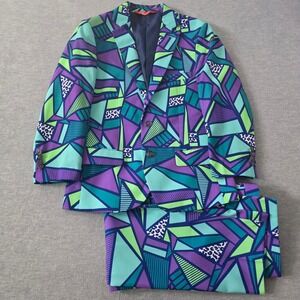 Shinesty Mens 40 Geometric Abstract Print 2 Piece Suit Purple Teal Green Blazer
